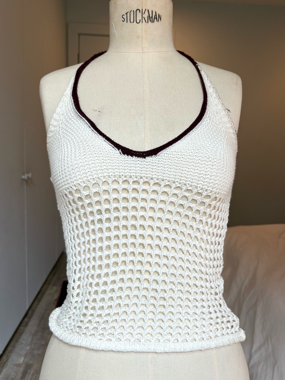 Gimaguas White Crochet Halter Tank with Black Trim